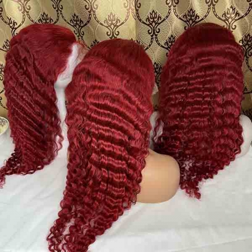 Burgundy Human Hair Lace Wigs Deep Wave Burgundy Lace Front Wigs