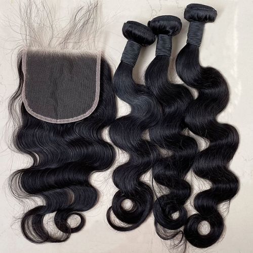 HD Lace Closure 5x5 Human Hair Lace Closure with 3 Bundles, Body Wave Hair 100% Transparent Lace Closure Invisible Knots