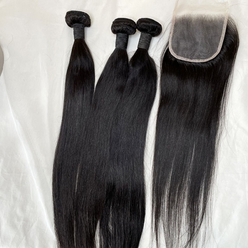 Closure 4x4 Transparent lace with Silk Straight Human Hair, Straight Human Hair Bundles With 4x4 Transparent Lace Closure