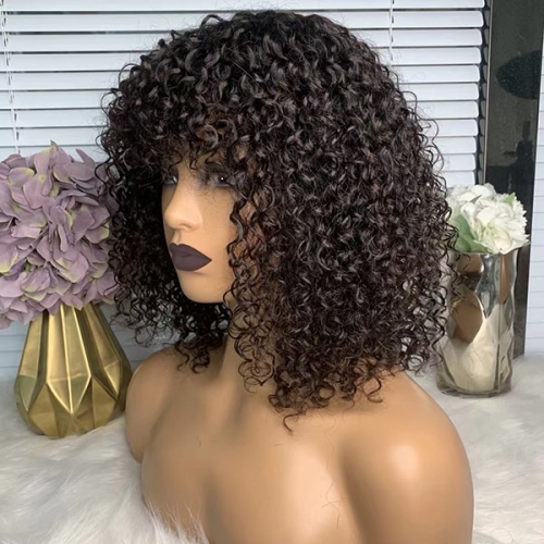 Curly Human Hair No Lace Wig Short Pixie Cut Wigs With Bangs Glueless Full Machine Made Human Hair Wig