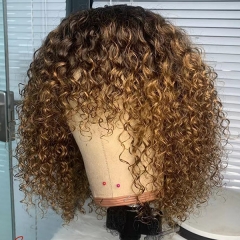 Brown Curly Human Hair No Lace Wig Short Pixie Cut Wigs With Bangs Colorful Glueless Full Machine Made Human Hair Wig