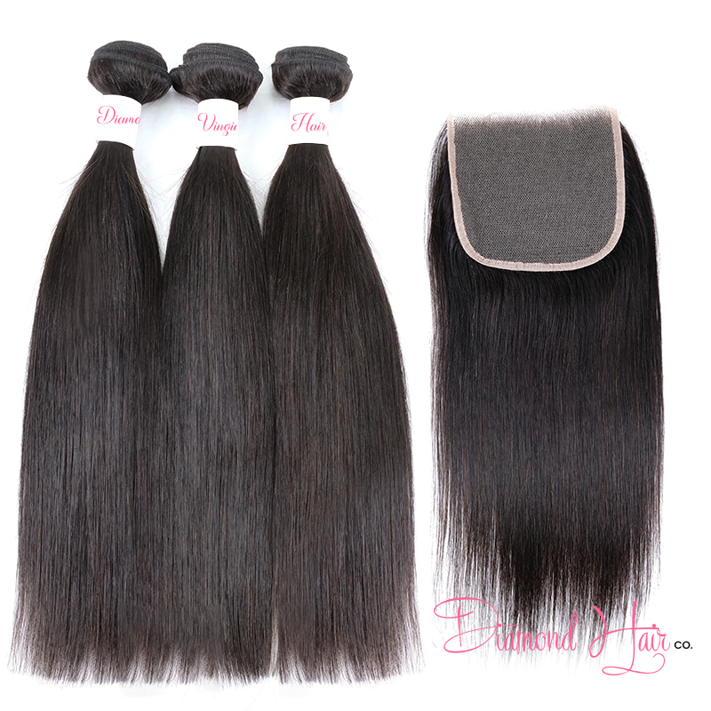 3 Bundle Deals With A 5x5 Lace Closure Silky Straight Mink Brazilian Diamond Virgin Hair