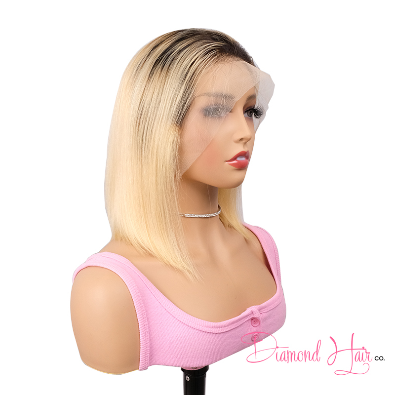 Ombre 1B/613 Color Silky Straight Transparent Lace 13x4 Full Frontal Bob Wig Mink Brazilian Diamond Virgin Hair