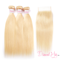 Blonde #613 Color 3 Bundle Deals With A 5x5 Lace Closure Silky Straight Mink Brazilian Diamond Virgin Hair