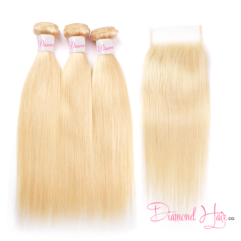 Blonde#613 Color 3 Bundle Deals With A 5x5 Lace Closure Silky Straight Mink Brazilian Diamond Virgin Hair