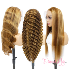 Honey Blonde Highlights #4/27 Color Transparent Lace 13x4  Lace Front Wig 180% Density Mink Brazilian Diamond Virgin Hair