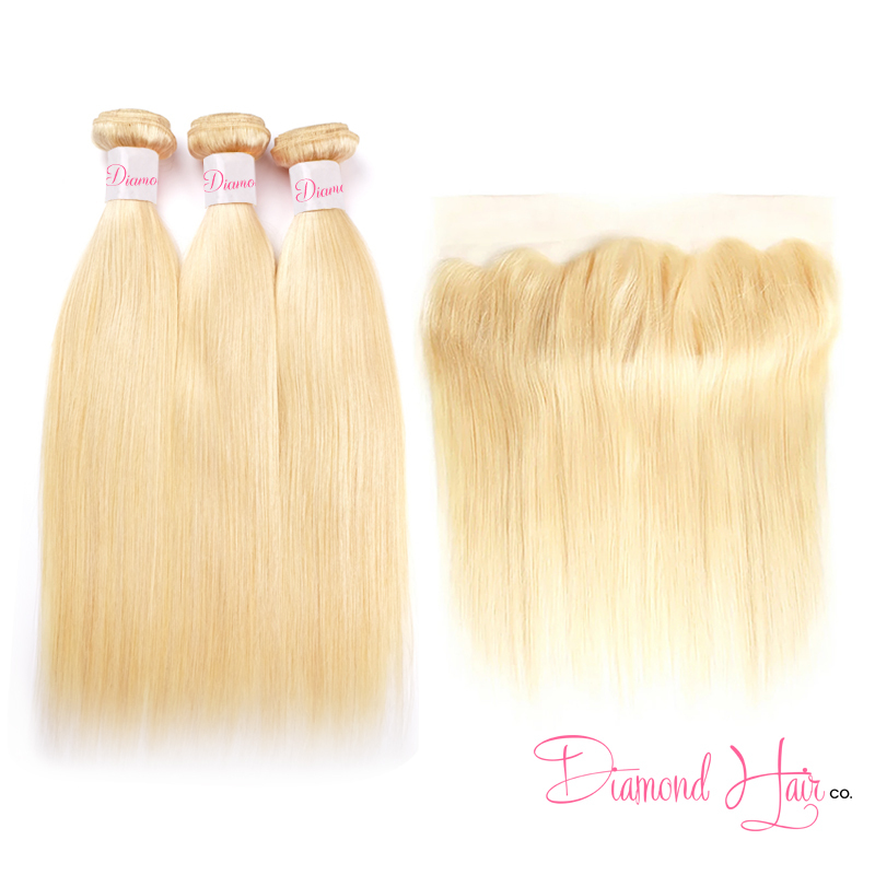 Blonde #613 Color 3 Bundle Deals With A 5x5 Lace Closure Silky Straight Mink Brazilian Diamond Virgin Hair