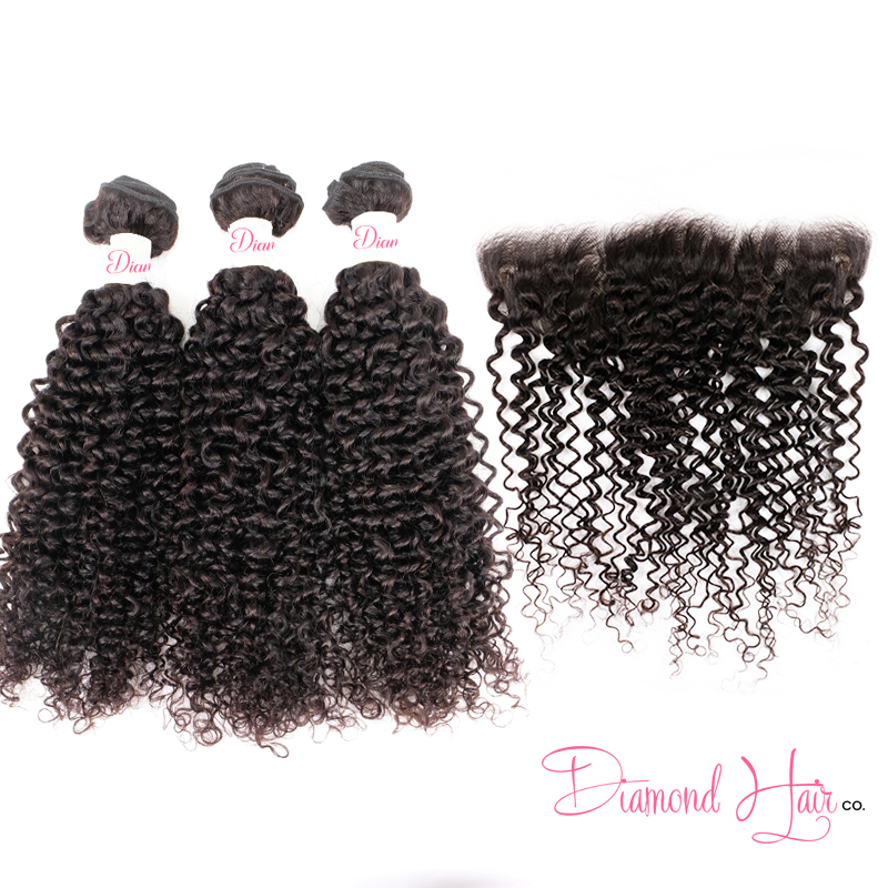 Deep Curly 3 Bundle Deals With A Lace Closure or Lace Frontal Mink Brazilian Diamond Raw Hair