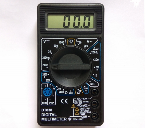 Digital Multimeter DT-838 with temperature and short circuit function test.
