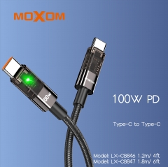 MOXOM Luxury Device 100W PD Auto Power-Off Transparent LED Data Cable Type-C to Type-C
