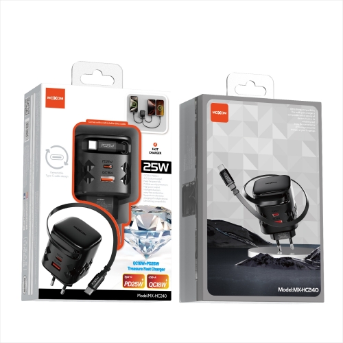 "QC18W+PD25W A+C Dual Port Output Comes With A Retractable Data Cable"