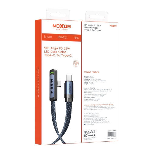 "65W PD 90° Angle LED Data Cable Type-C To Type-C 1.2m/4ft"