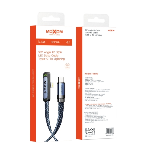 "36W PD 90° Angle LED Data Cable Type-C To Lightning 1.5m/5ft"