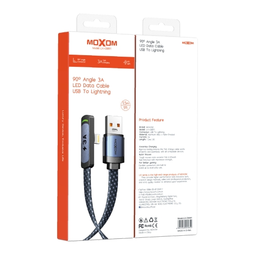 "3A 90° Angle LED Data Cable USB To Lightning 1.5m/5ft"