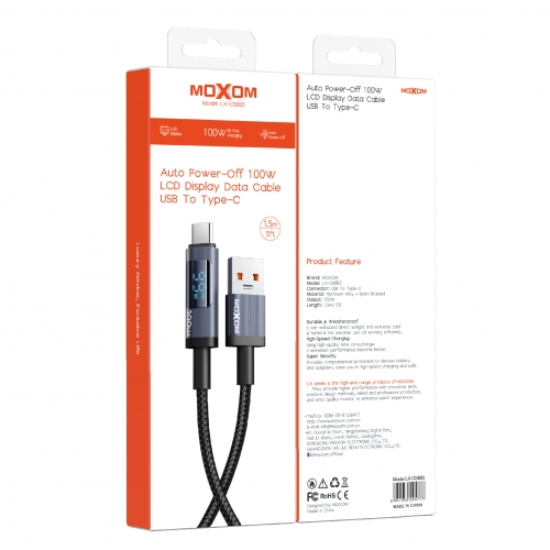 "100W Auto Power-Off LCD Display Data Cable USB To Type-C 1.2m/4ft"