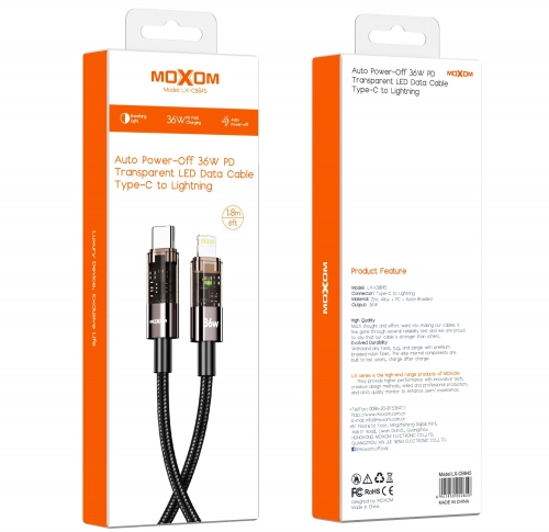"36W PD Auto Power-Off Transparent LED Data Cable Type-C to Lightning"