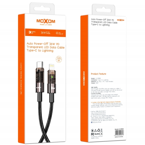 "36W PD Auto Power-Off Transparent LED Data Cable Type-C to Lightning"