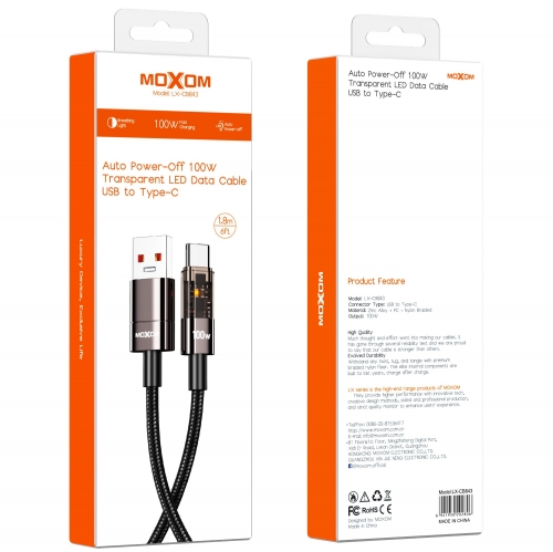 "100W Auto Power-Off Transparent LED Data Cable USB to Type-C"