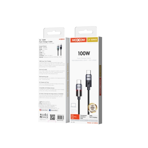 "1m,100W Super Fast Charging Transparent Aluminum Shell RGB Breathing Light Data Cable"