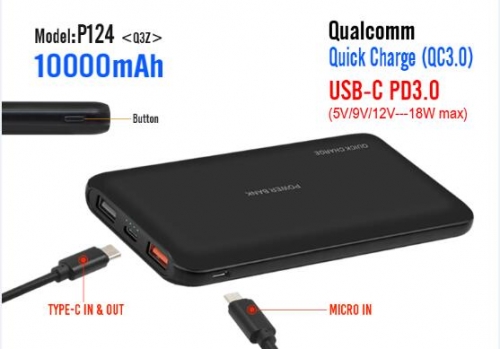 Model# P124,   10,000mAh, PD3.0 18W PB for macbook air. 18W USB-C Power Delivery Power Bank