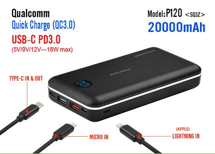 20,000mAh QC3.0 and USB-C PD3.0 Power Bank , w/ Lightning