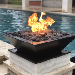 Gas Outdoor Firepit with Water Feature Low Smoke Square Corten Steel Fire Pit and Water Bowl for Swimming Pool
