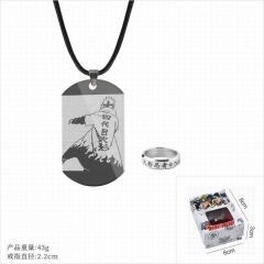 火影忍者 四代目火影款戒指+不锈钢军牌黑色吊绳项链2 件套