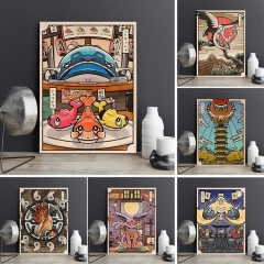 复古风三联画 pokemon神奇宝贝小精灵皮卡丘卡比兽儿童房墙画