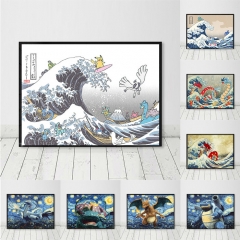 （帆布海报）皮卡丘海报 浮世绘神户川冲浪星夜精灵宝可梦动漫帆布画