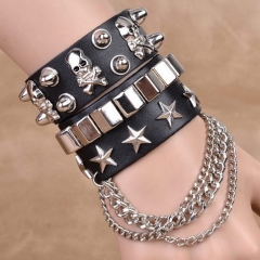 24 Styles Emo Goth Punk Skull Rivets PU Leather Anime Bracelets Metal Chain