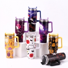 跨境万圣节涂鸦款40oz汽车杯不锈钢保冷带手柄吸管杯大容量保温杯