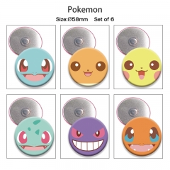 3 Styles 6pcs/set 58mm Pokemon Cartoon Anime Tinplate Brooch Refrigerator Magnet