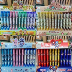 60支）新款文具外贸布布娃三岁史迪仔卡通圆珠笔蓝色笔芯按动笔书写笔