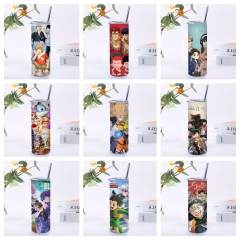 500ml动漫水杯304不锈钢吸管杯带盖办公室居家保温杯diy图案广告