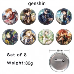 2 Styles 8PCS/SET 58mm Genshin Impact Cartoon Pin Anime Tinplate Brooch