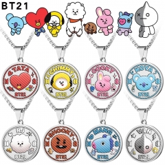 跨境新品 防弹少年团 BTS不锈钢彩印圆形项链 BT21钛钢吊坠毛衣链