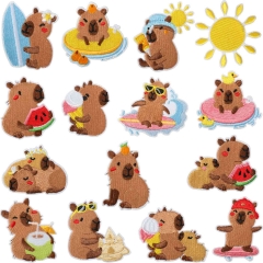 呆萌卡皮巴拉刺绣布贴包包装饰土拨鼠绣花章仔卡通太阳刺绣贴熨烫