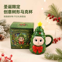 跨境圣诞陶瓷马克杯少女装饰圣诞节水杯圣诞树星星图案咖啡杯带盖