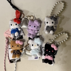 8cm珍珠链蝴蝶结千鸟格制服黑皮豹纹爱心扣紫皮毛绒公仔包挂件小猫