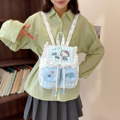 2026新品水系花边双肩包甜美少女心卡通小清新蓝格子凯蒂猫背包