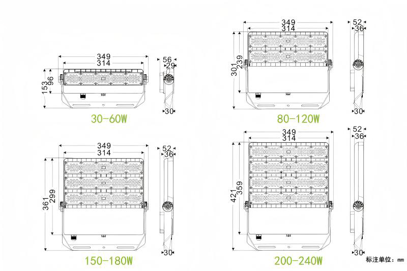 50W-240W led flood light size drawing