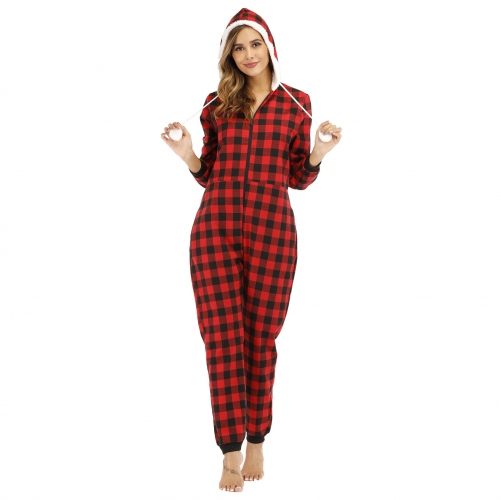 Women Plaid Hooded Christmas Onesie Pajamas