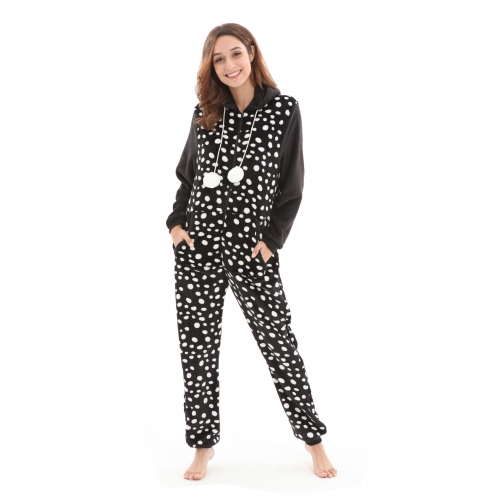 Women Onesies Pajamas Polka-dot Flannel Hooded Pajamas