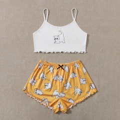 Summer Women Pajamas Cartoon Cat Sleeveless Shorts Set