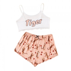 Summer Women Pajamas Cartoon Tiger Sleeveless Shorts Set