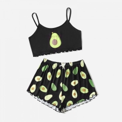 Summer Women Pajamas Avocado Sleeveless Shorts Set