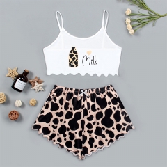 Summer Women Pajamas Cow Bottle Sleeveless Shorts Set