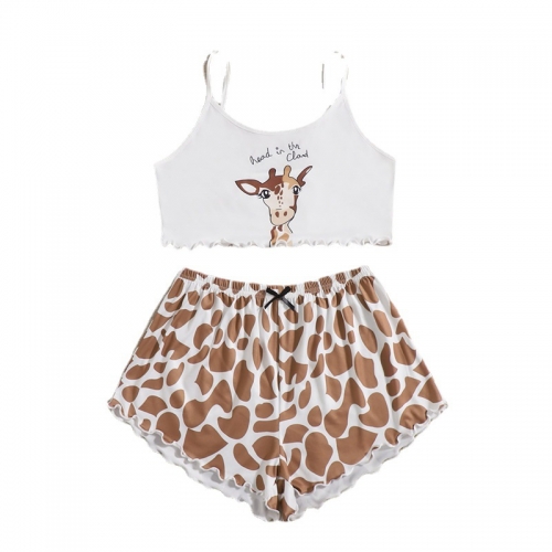 Summer Women Pajamas Giraffe Sleeveless Shorts Set
