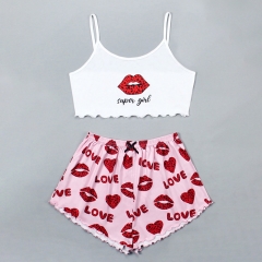 Summer Women Pajamas Red lip Sleeveless Shorts Set