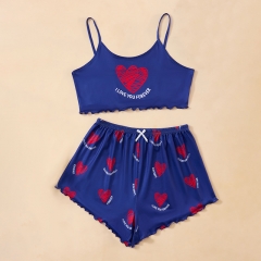 Blue Summer Women Pajamas Red Love Sleeveless Shorts Set